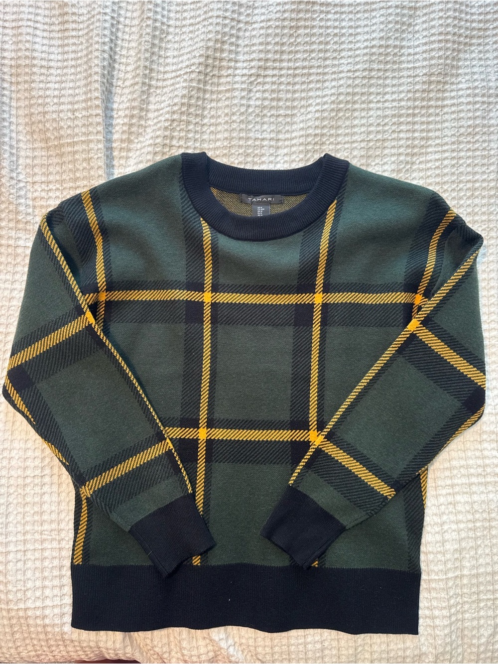Tahari Forest Green Plaid Crewneck Sweater with Yellow Trim